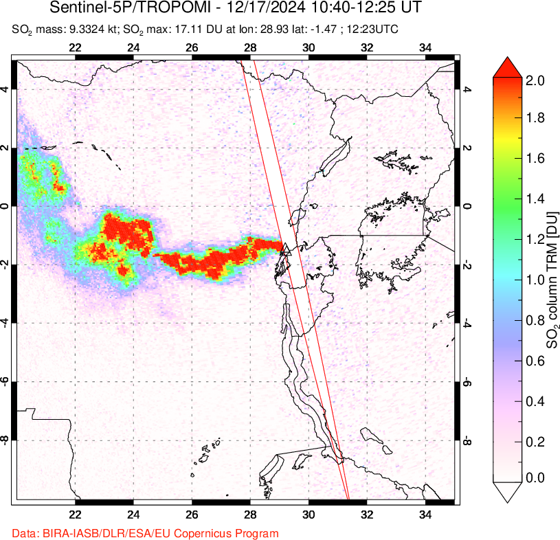 A sulfur dioxide image over Nyiragongo, DR Congo on Dec 17, 2024.