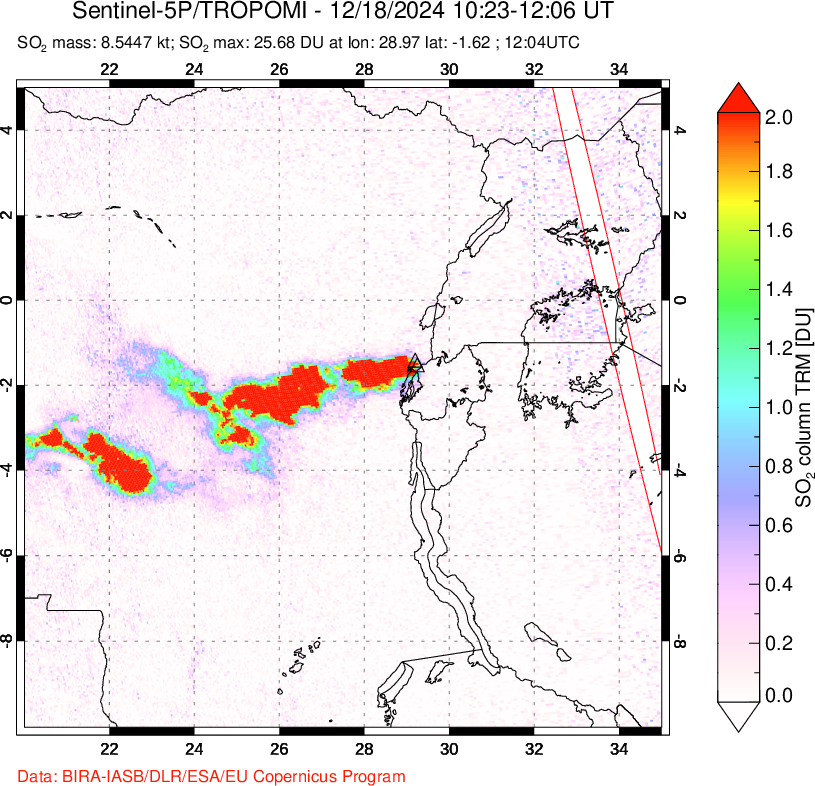 A sulfur dioxide image over Nyiragongo, DR Congo on Dec 18, 2024.