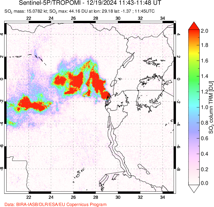 A sulfur dioxide image over Nyiragongo, DR Congo on Dec 19, 2024.