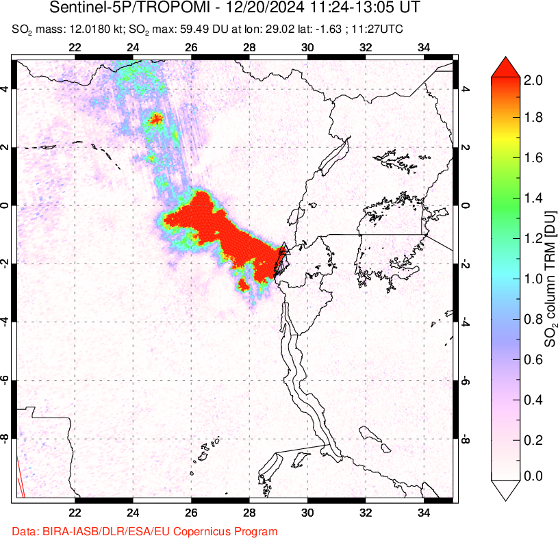 A sulfur dioxide image over Nyiragongo, DR Congo on Dec 20, 2024.