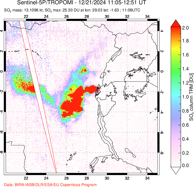 A sulfur dioxide image over Nyiragongo, DR Congo on Dec 21, 2024.