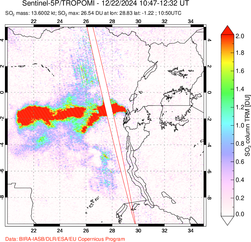 A sulfur dioxide image over Nyiragongo, DR Congo on Dec 22, 2024.