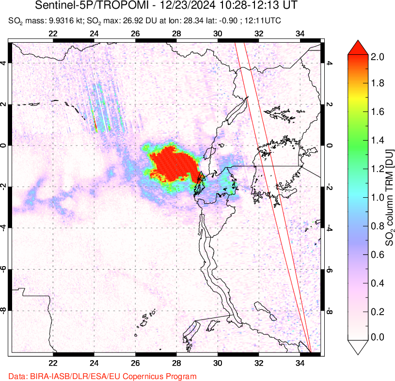 A sulfur dioxide image over Nyiragongo, DR Congo on Dec 23, 2024.