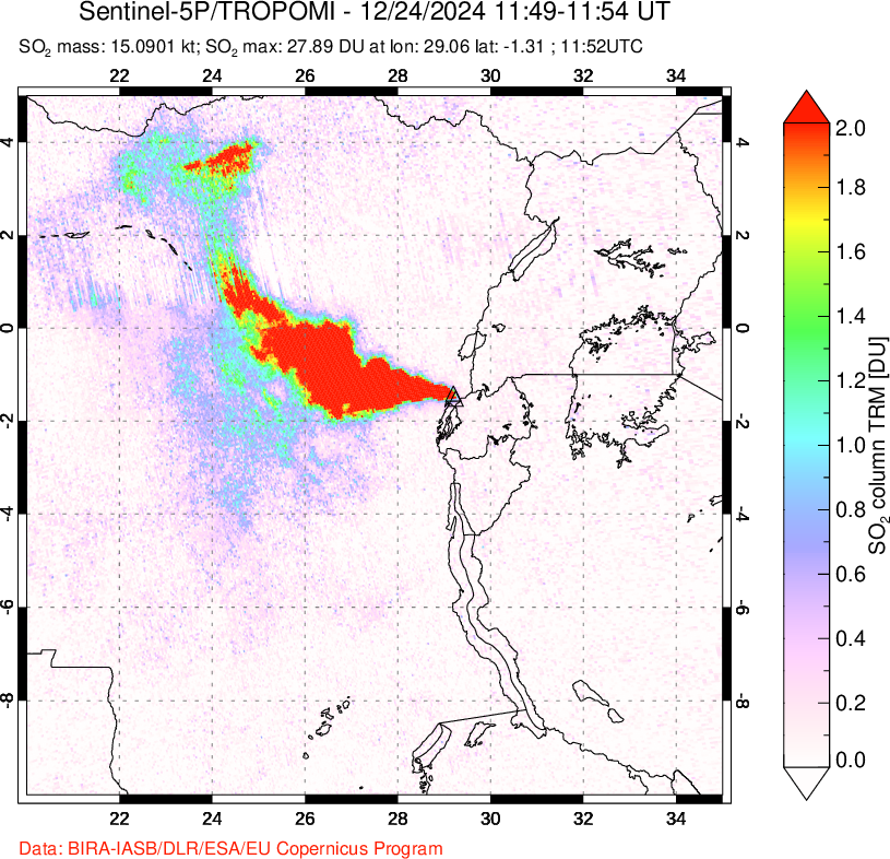 A sulfur dioxide image over Nyiragongo, DR Congo on Dec 24, 2024.