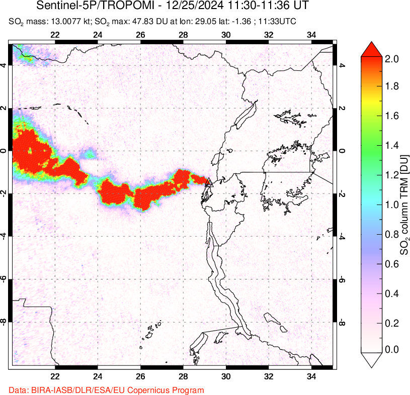 A sulfur dioxide image over Nyiragongo, DR Congo on Dec 25, 2024.