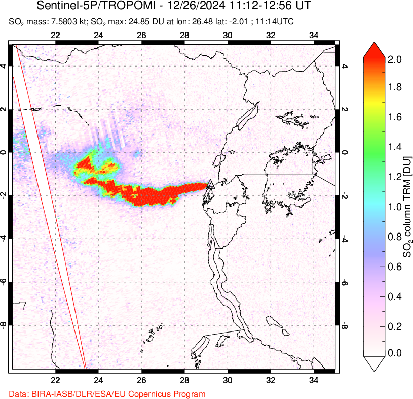 A sulfur dioxide image over Nyiragongo, DR Congo on Dec 26, 2024.