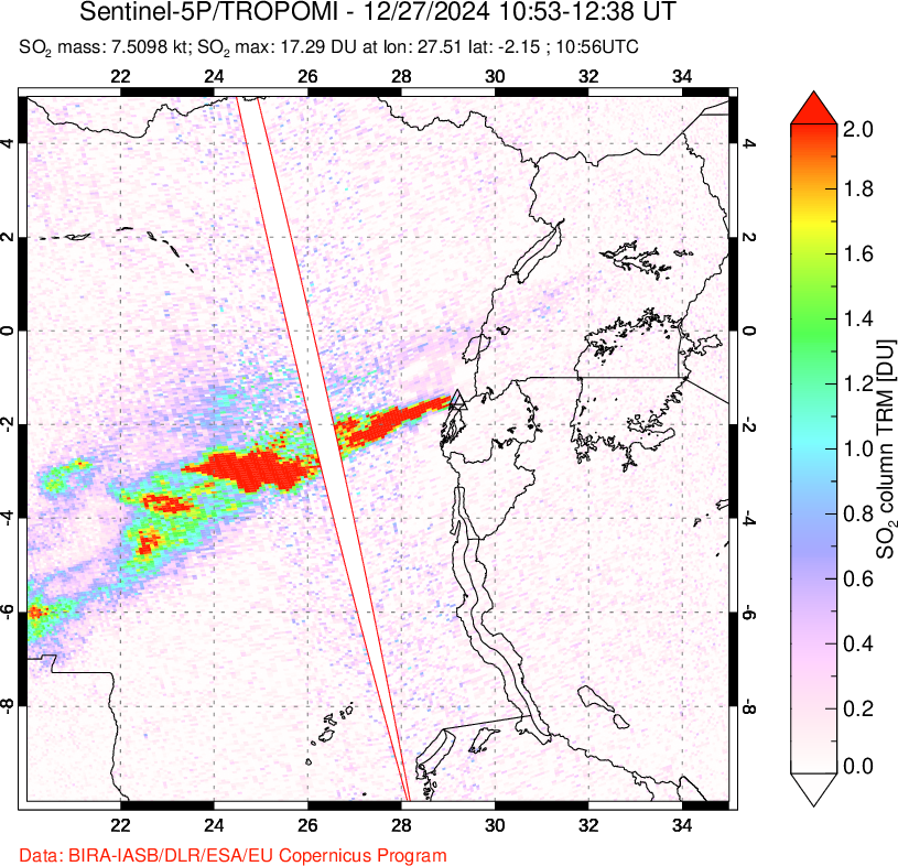 A sulfur dioxide image over Nyiragongo, DR Congo on Dec 27, 2024.