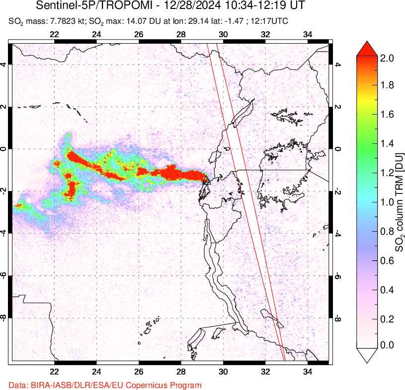 A sulfur dioxide image over Nyiragongo, DR Congo on Dec 28, 2024.