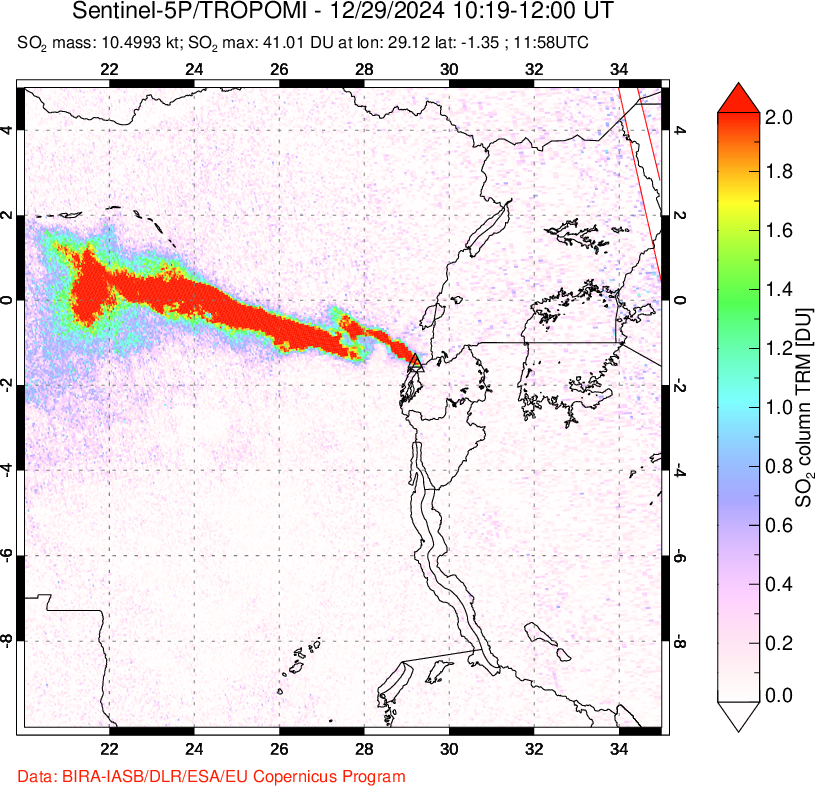 A sulfur dioxide image over Nyiragongo, DR Congo on Dec 29, 2024.