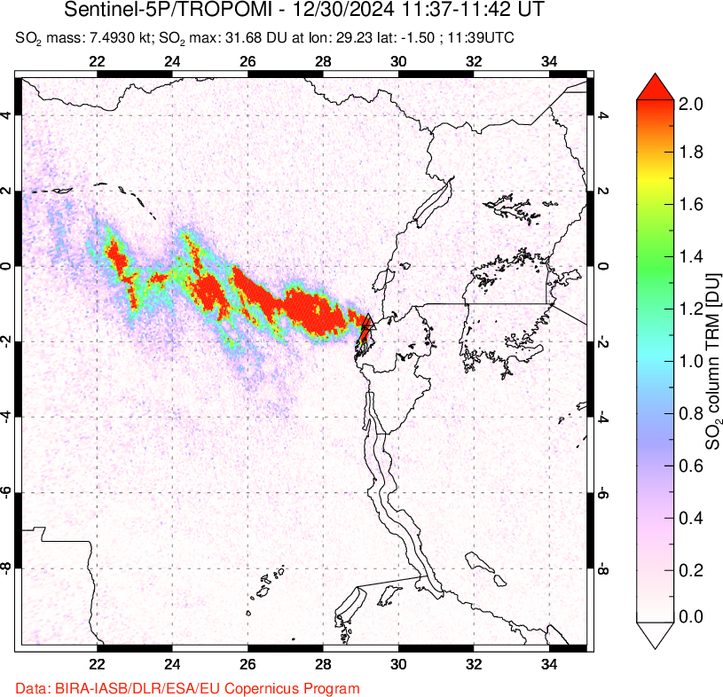 A sulfur dioxide image over Nyiragongo, DR Congo on Dec 30, 2024.