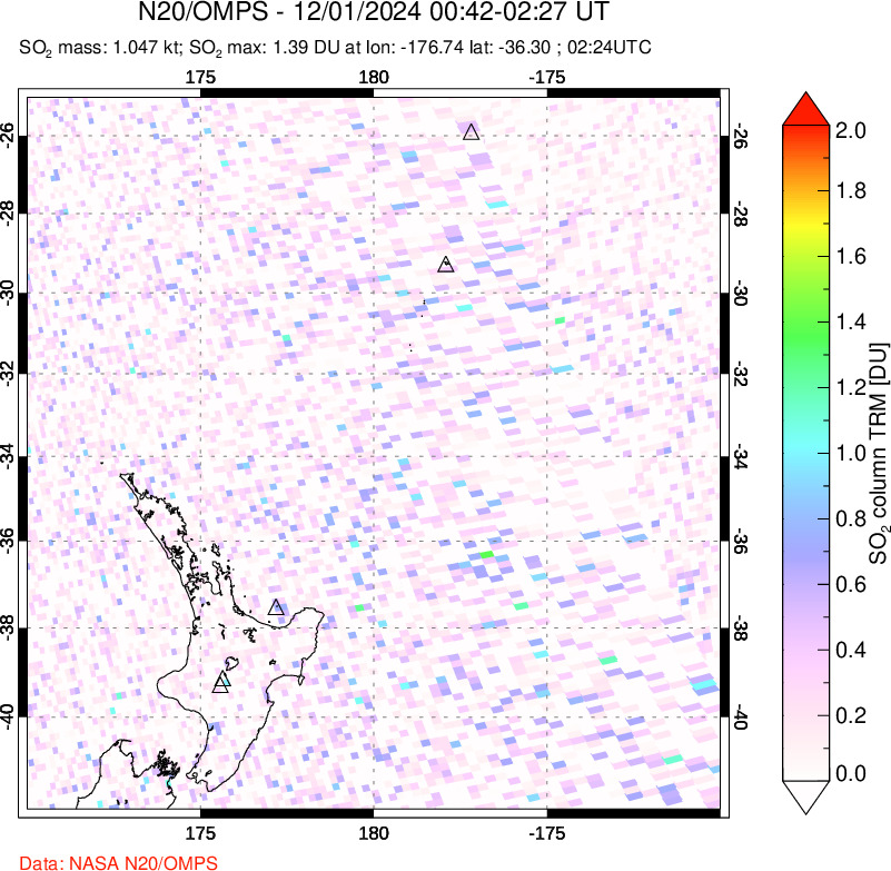 A sulfur dioxide image over New Zealand on Dec 01, 2024.