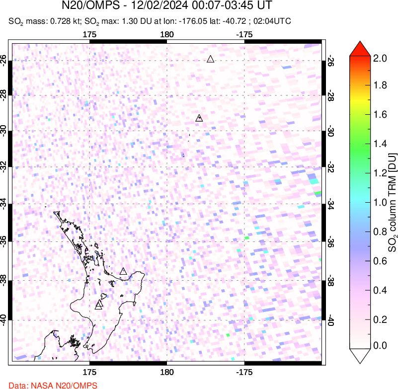 A sulfur dioxide image over New Zealand on Dec 02, 2024.