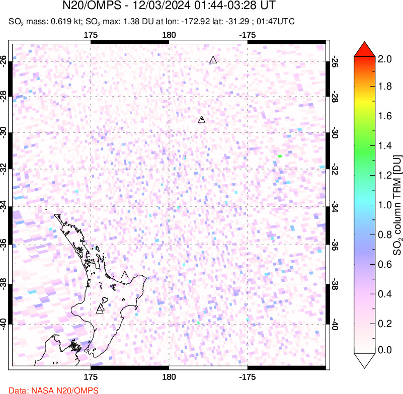 A sulfur dioxide image over New Zealand on Dec 03, 2024.