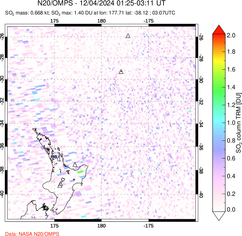 A sulfur dioxide image over New Zealand on Dec 04, 2024.