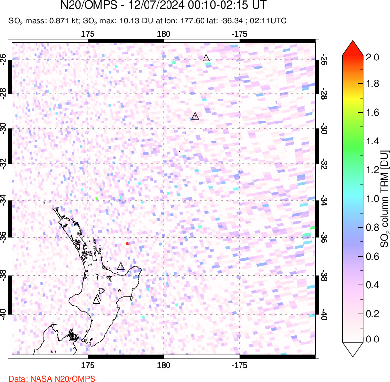 A sulfur dioxide image over New Zealand on Dec 07, 2024.