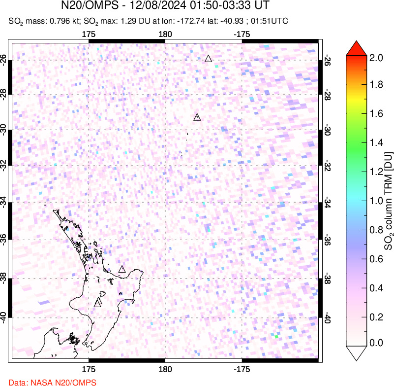 A sulfur dioxide image over New Zealand on Dec 08, 2024.