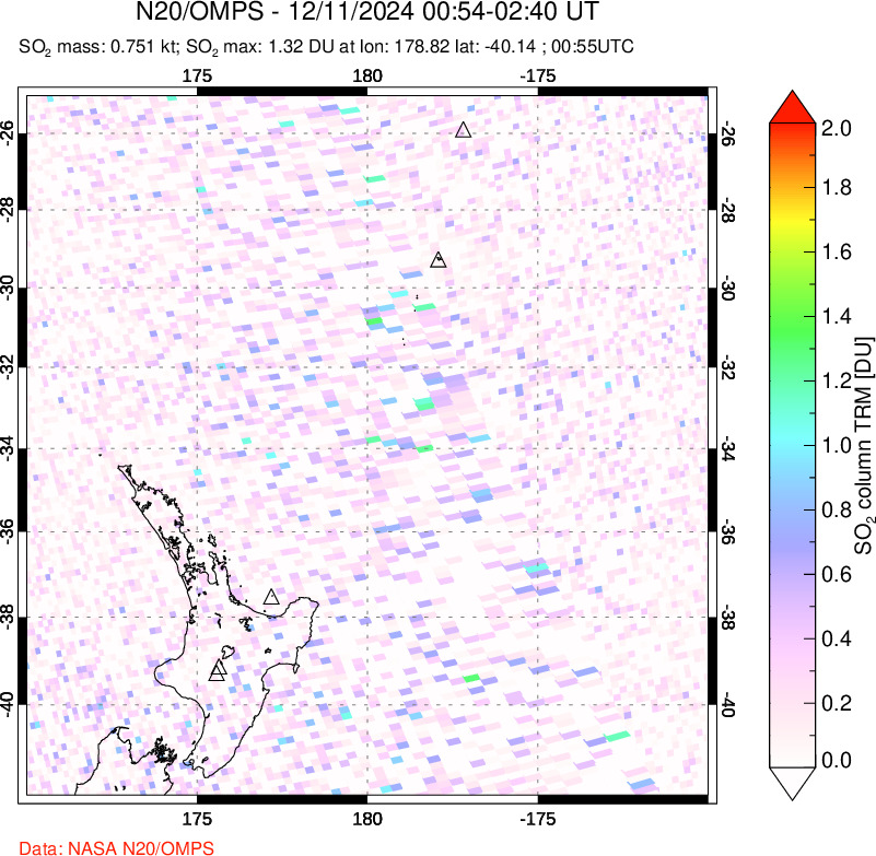 A sulfur dioxide image over New Zealand on Dec 11, 2024.