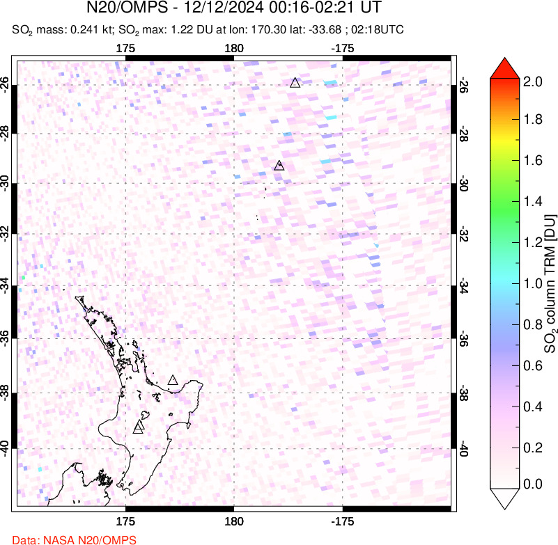 A sulfur dioxide image over New Zealand on Dec 12, 2024.