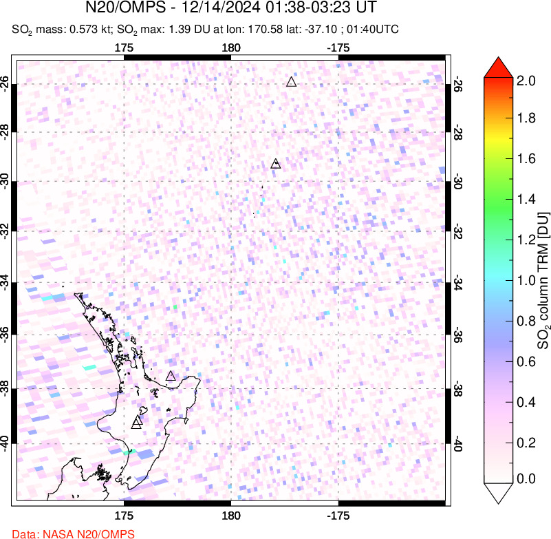 A sulfur dioxide image over New Zealand on Dec 14, 2024.