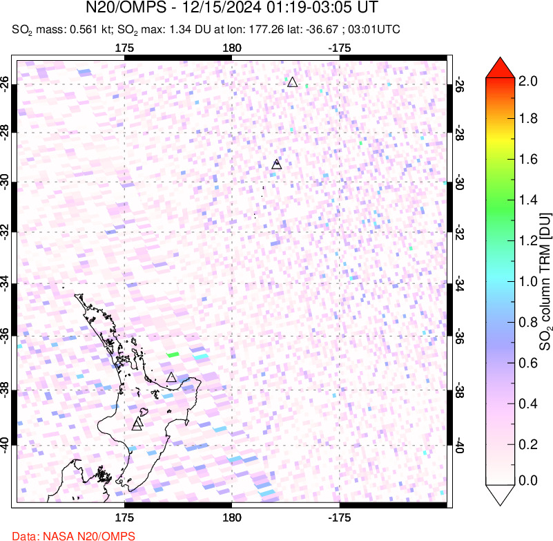 A sulfur dioxide image over New Zealand on Dec 15, 2024.