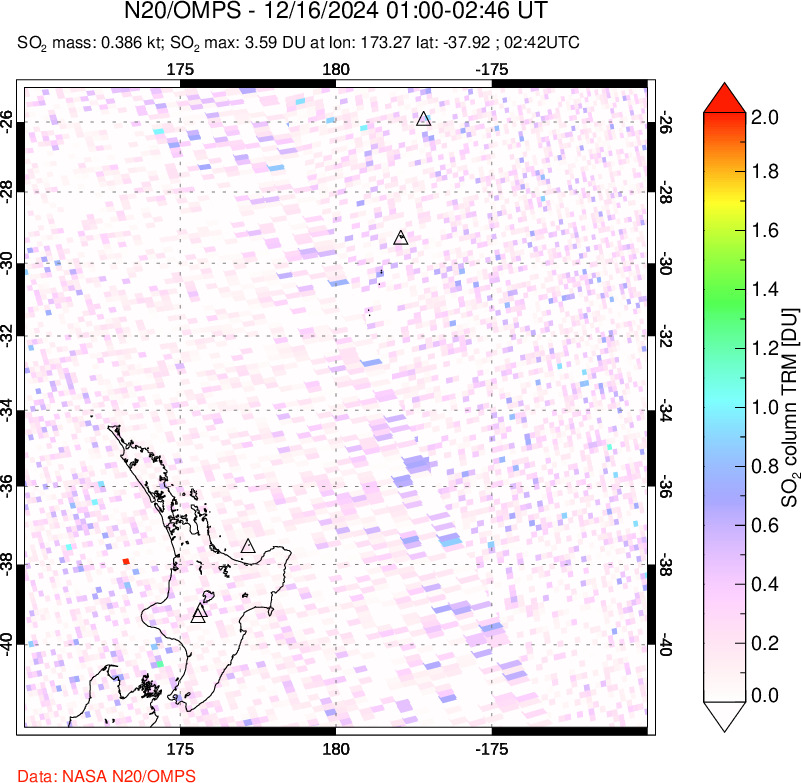 A sulfur dioxide image over New Zealand on Dec 16, 2024.