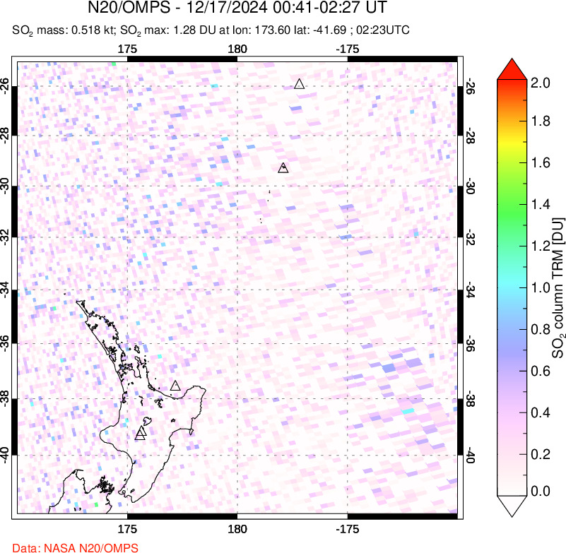 A sulfur dioxide image over New Zealand on Dec 17, 2024.