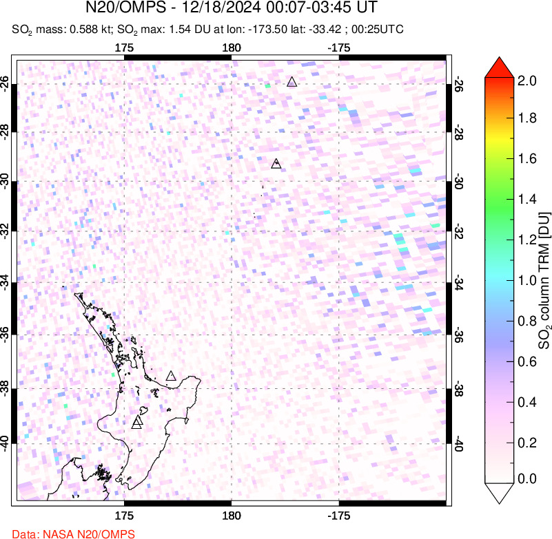 A sulfur dioxide image over New Zealand on Dec 18, 2024.