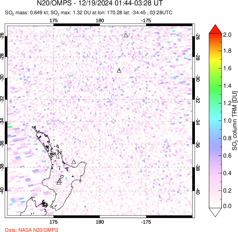 A sulfur dioxide image over New Zealand on Dec 19, 2024.