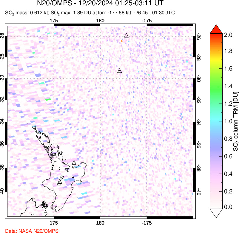 A sulfur dioxide image over New Zealand on Dec 20, 2024.