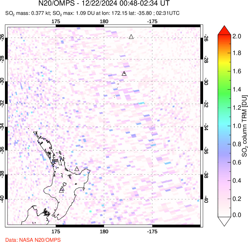 A sulfur dioxide image over New Zealand on Dec 22, 2024.