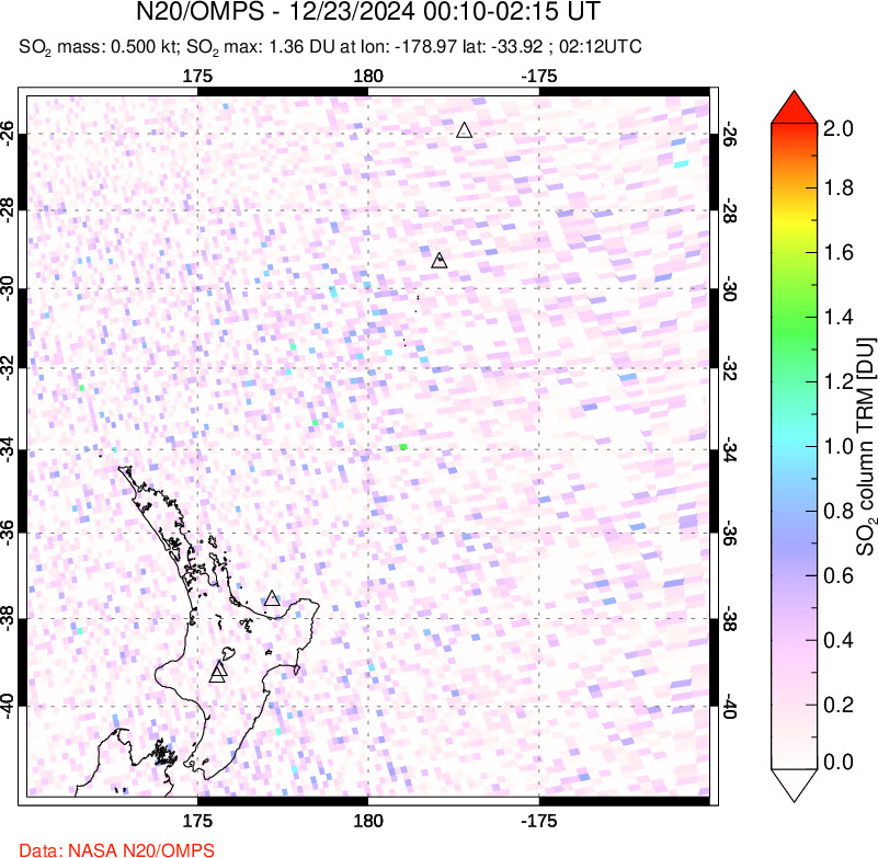 A sulfur dioxide image over New Zealand on Dec 23, 2024.