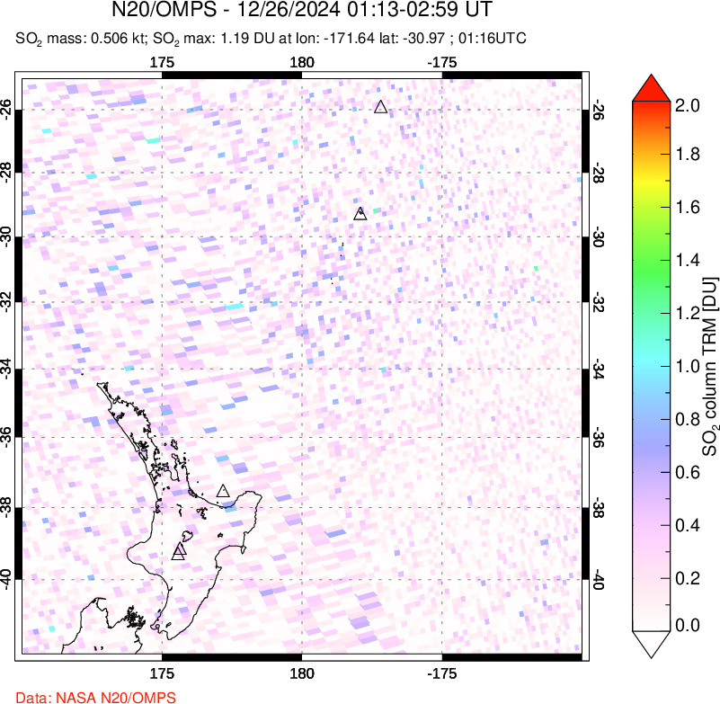 A sulfur dioxide image over New Zealand on Dec 26, 2024.