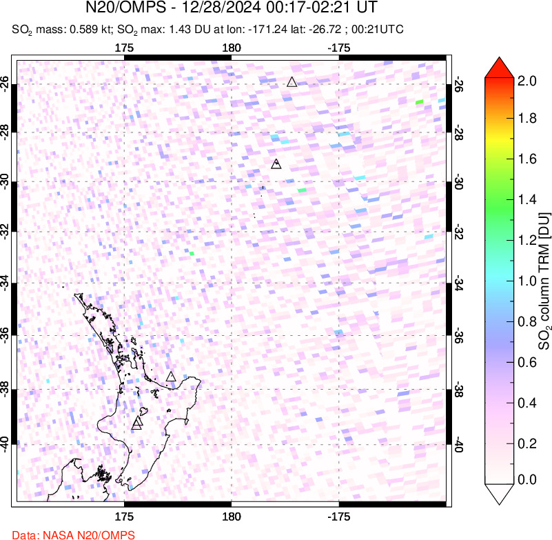 A sulfur dioxide image over New Zealand on Dec 28, 2024.