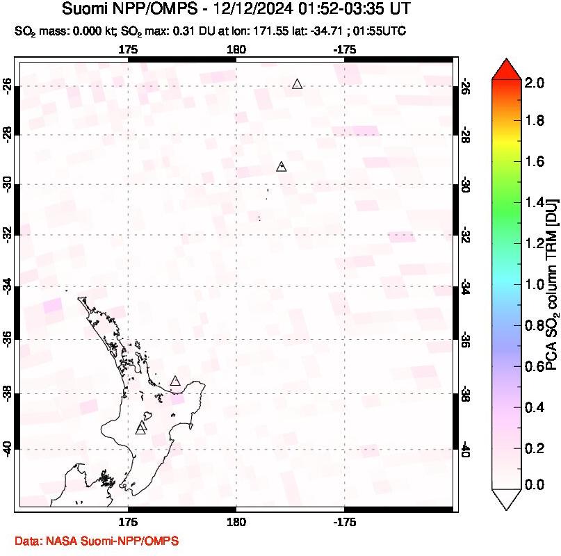 A sulfur dioxide image over New Zealand on Dec 12, 2024.