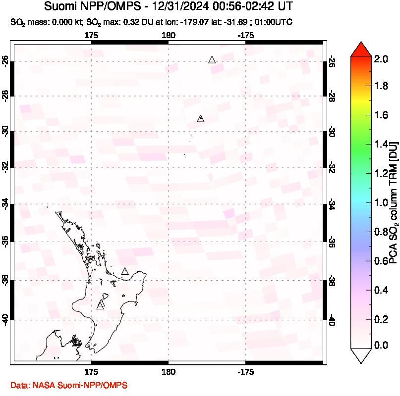 A sulfur dioxide image over New Zealand on Dec 31, 2024.