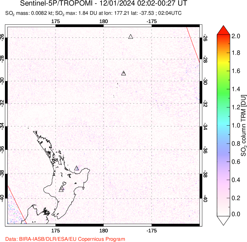 A sulfur dioxide image over New Zealand on Dec 01, 2024.