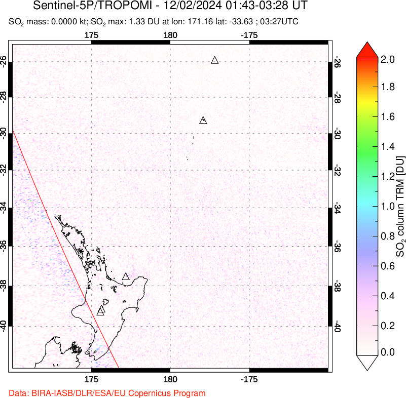 A sulfur dioxide image over New Zealand on Dec 02, 2024.