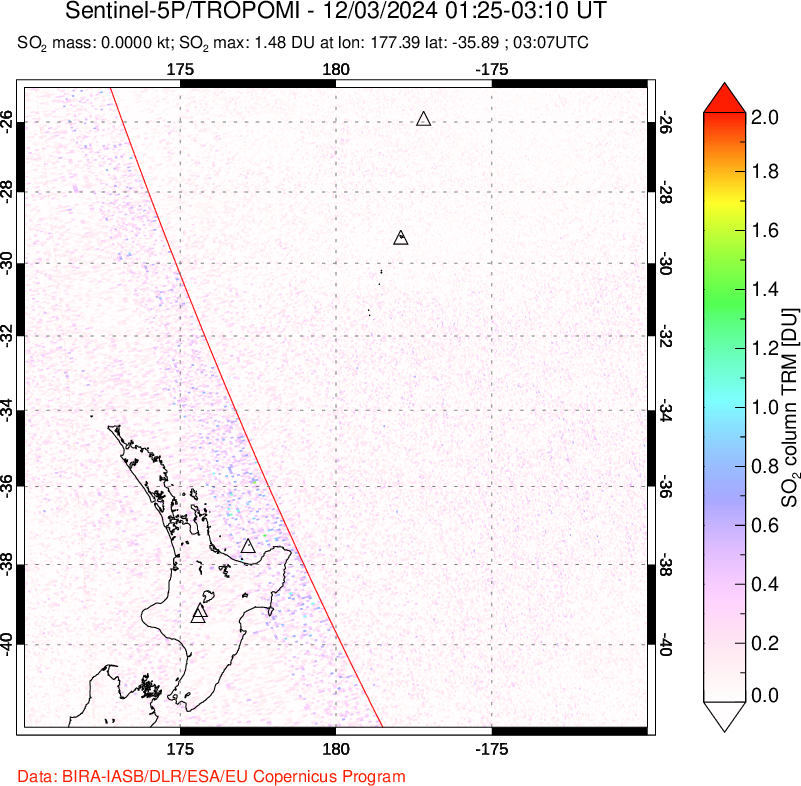 A sulfur dioxide image over New Zealand on Dec 03, 2024.