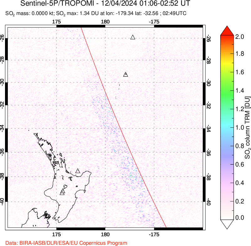 A sulfur dioxide image over New Zealand on Dec 04, 2024.