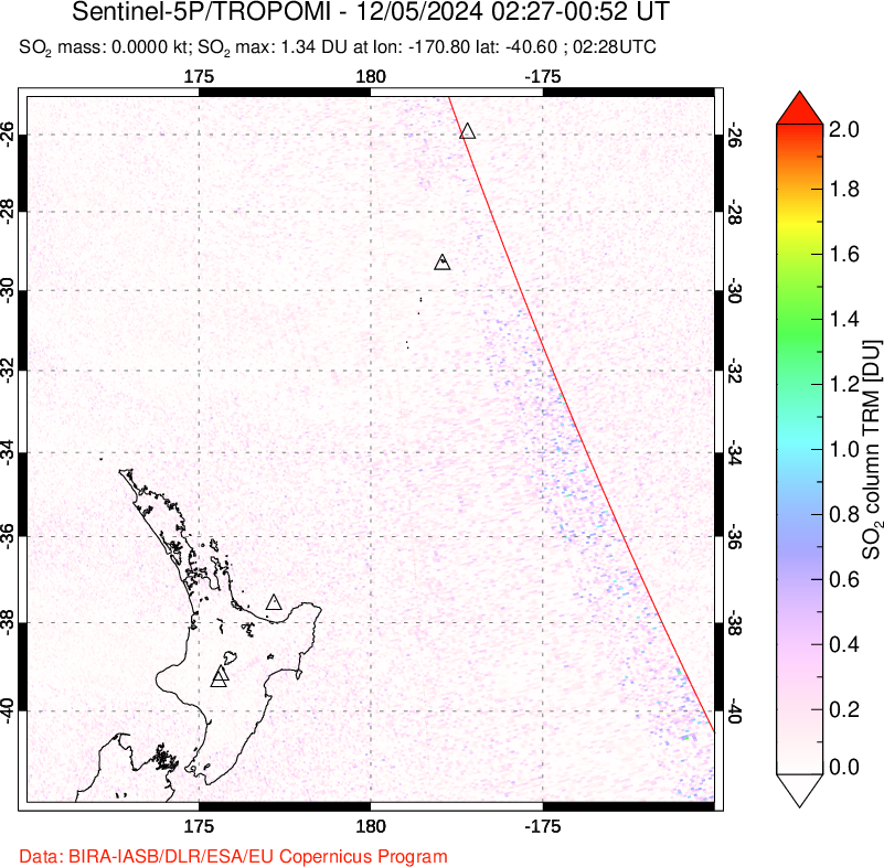 A sulfur dioxide image over New Zealand on Dec 05, 2024.