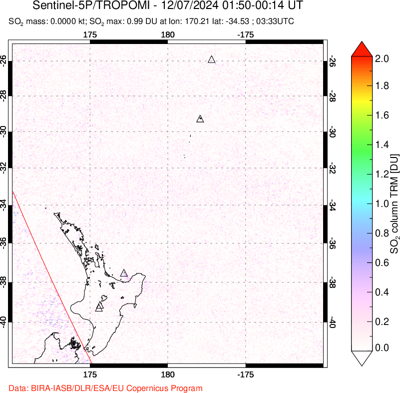 A sulfur dioxide image over New Zealand on Dec 07, 2024.