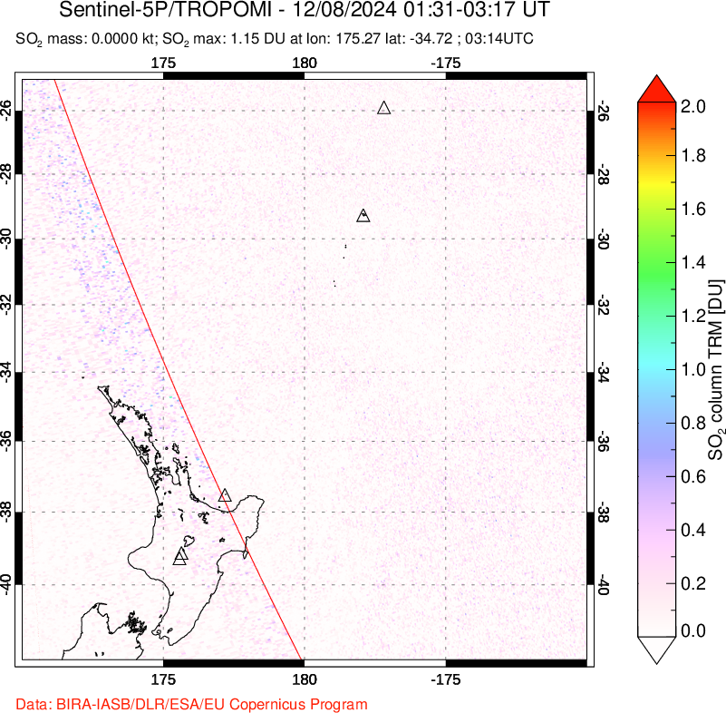 A sulfur dioxide image over New Zealand on Dec 08, 2024.