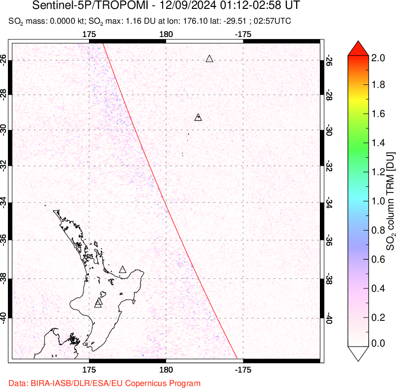 A sulfur dioxide image over New Zealand on Dec 09, 2024.