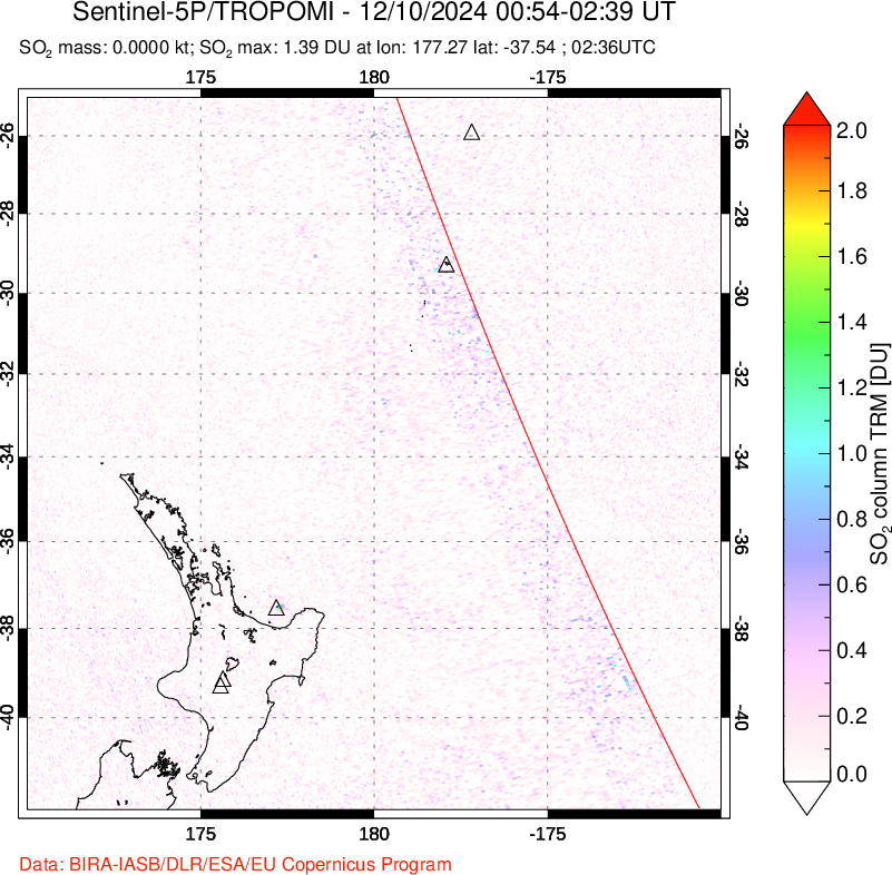 A sulfur dioxide image over New Zealand on Dec 10, 2024.