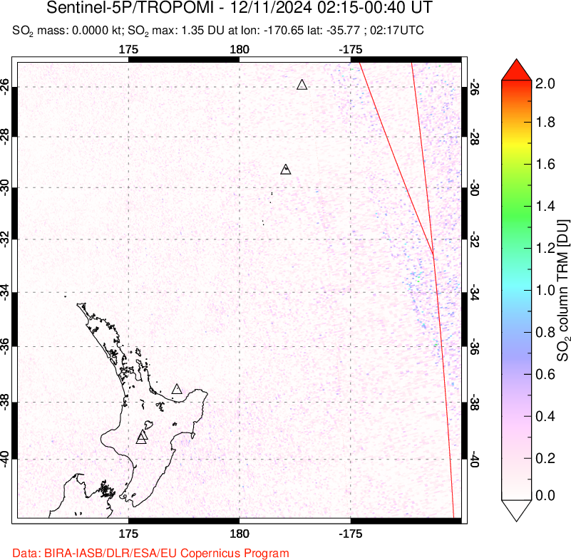 A sulfur dioxide image over New Zealand on Dec 11, 2024.