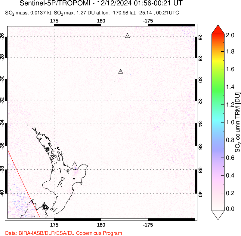 A sulfur dioxide image over New Zealand on Dec 12, 2024.