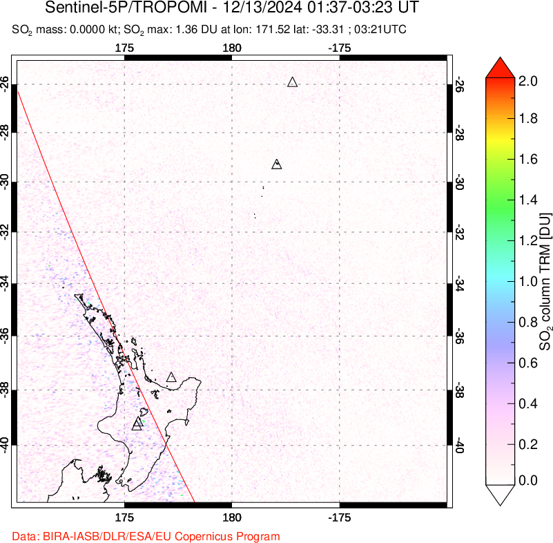 A sulfur dioxide image over New Zealand on Dec 13, 2024.