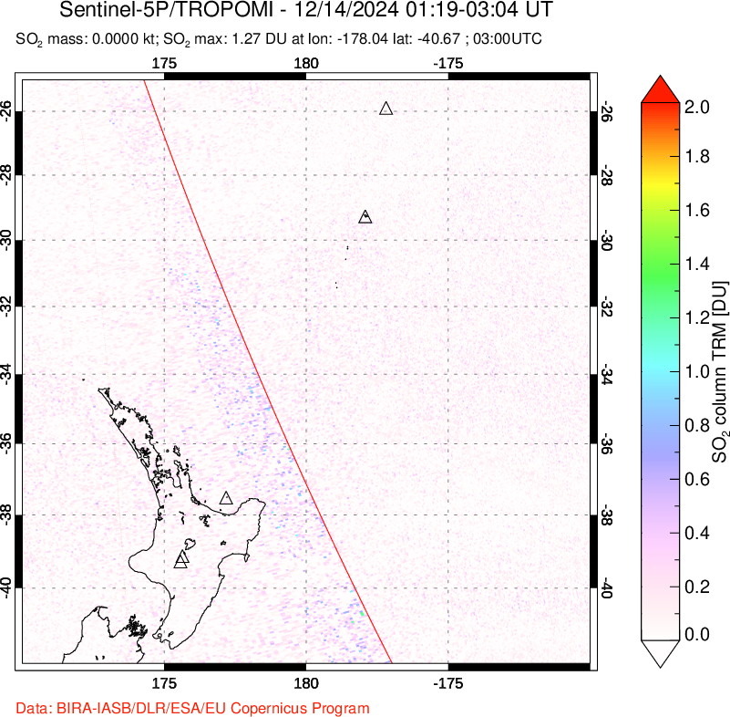 A sulfur dioxide image over New Zealand on Dec 14, 2024.