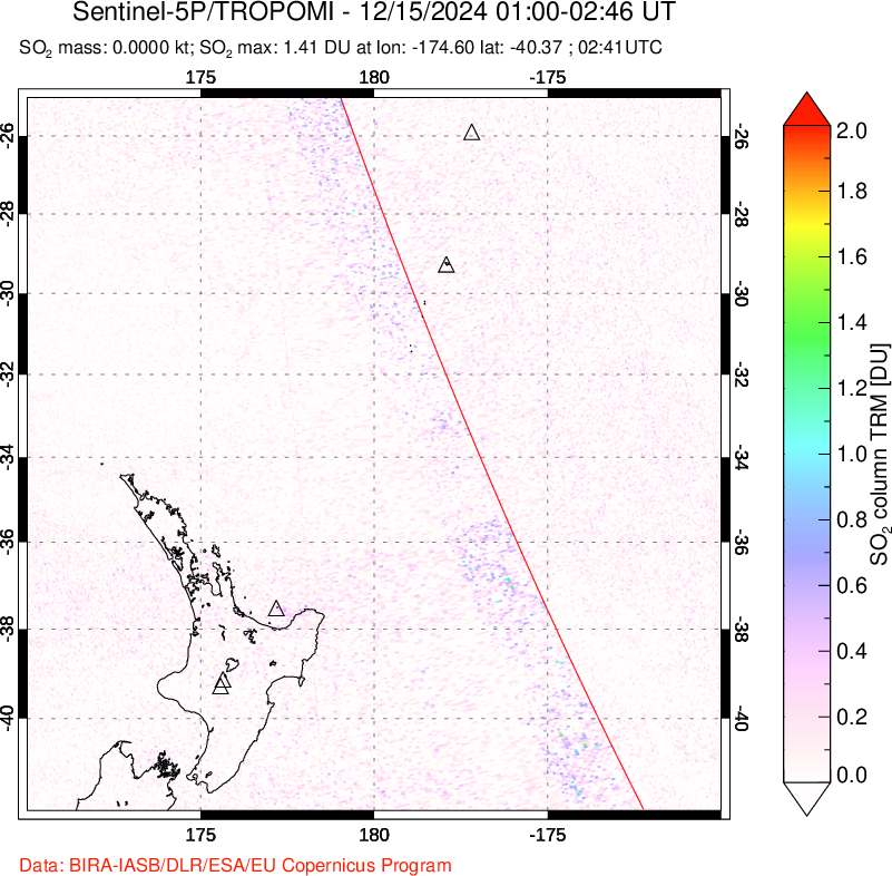 A sulfur dioxide image over New Zealand on Dec 15, 2024.