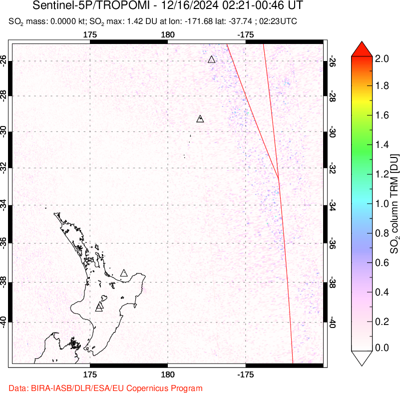 A sulfur dioxide image over New Zealand on Dec 16, 2024.